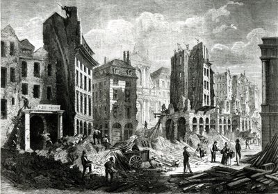 Bau des Boulevard de Sebastopol (jetzt Boulevard du Palais) im Zweiten Kaiserreich. Ansicht des Abrisses der Rue de la Barillerie im Jahr 1859, veröffentlicht von Henry Duff Linton von Felix Thorigny